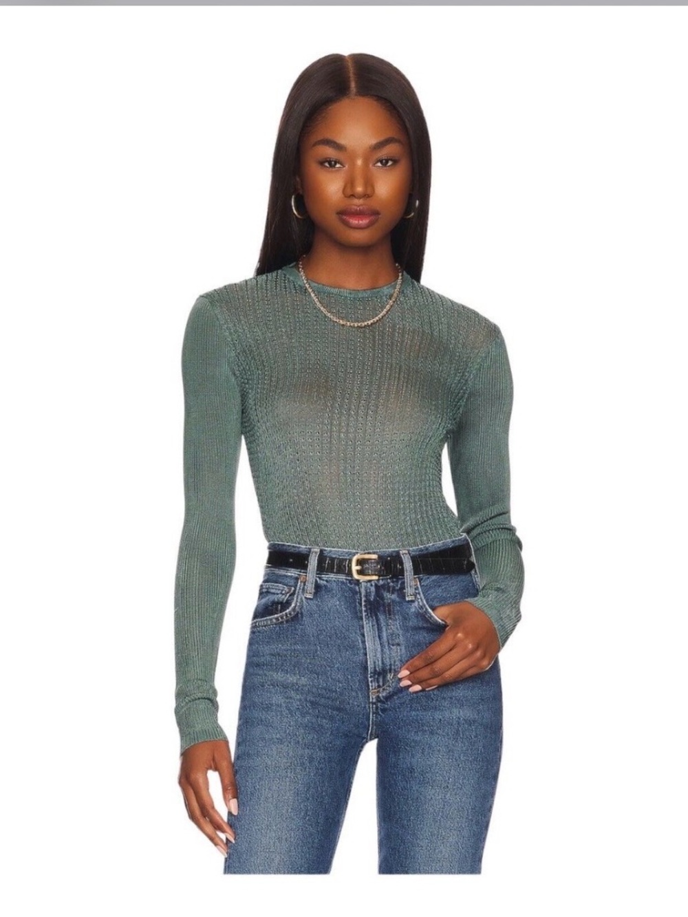 NWT Free People H2O Crew Metallic Pullover Sweater in Jaded Color Size L